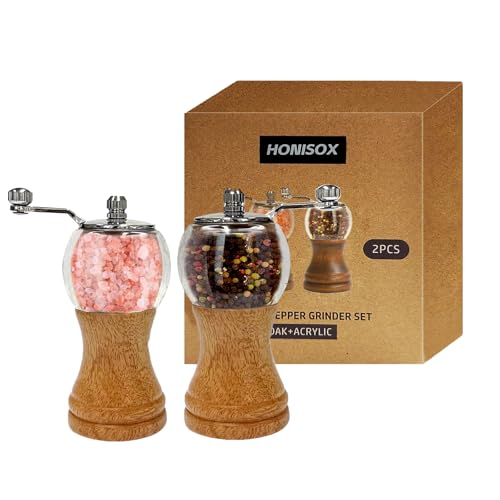 Wooden Acrylic Grinder Set, Hand Crank Salt and Pepper Mill with Handle, Ceramic Blade Grinding, Adjustable Coarse, Grinder for Kitchen,Pack of 2, Wood Colour