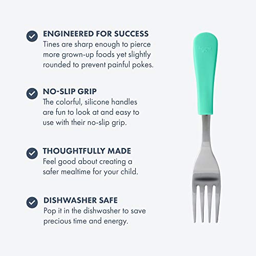 Avanchy Baby Fork Set, Stainless Steel and Silicone Spork Utensils, Toddler Baby Led Weaning Silverware Cutlery Flatware, Kids First Self Feeding 2 Pack, Green Spoon, Fork