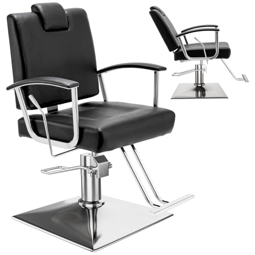 Barber Reclining Chair with Headrest - Heavy Duty Hydraulic Pump Height Adjustable,360°Swivel ,Max Load Weight 440 Lbs,Beauty Salon Spa,Barbershop,Hairdresser Cutting,Styling Stylist,Braiding (Black)