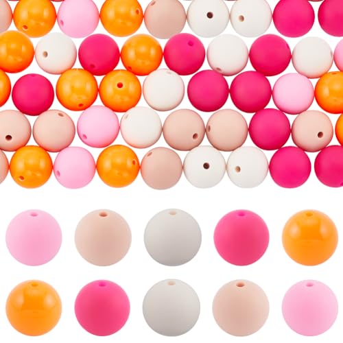 SOFPLATE 1 Box 60Pcs Red Silicone Bead 15mm Round Silicone Beads Bulk Large Pink Orange Candy Color Focal Loose Bubblegum Rubber Bead for jewellery Making Bracelet pen keychain beading DIY Supplies