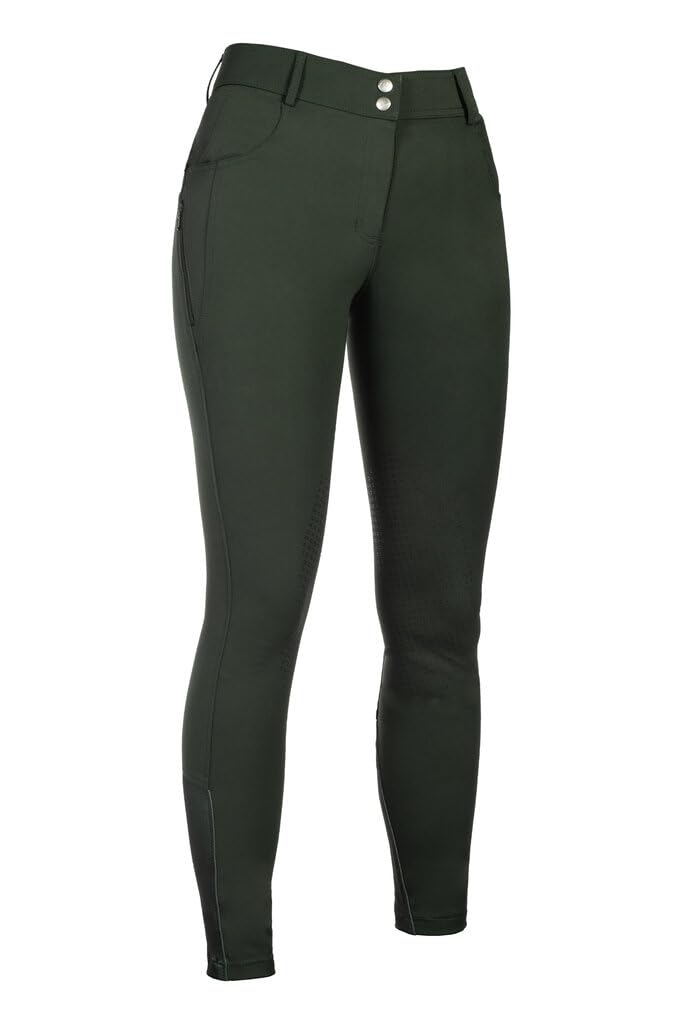 HKM Women's Ari Mid Rise Silicone Knee Patch Riding Breeches, Olive Green, 24