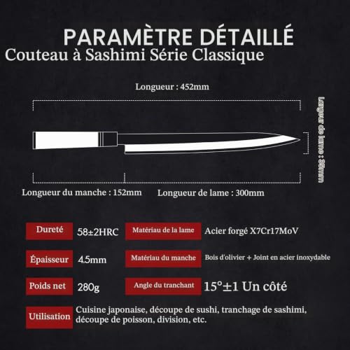 Couteau Yanagiba HEZHEN 300 mm, acier forgé, manche bois – vue 2