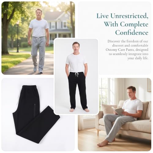 Image of Catheter Pants for Men Women, Incontinence Urine Leg Bag Holder Pants with Dual Inner Pockets for Elderly, Nephrostomy, Cystostomy, Biliary Drainage(Black,2XL)