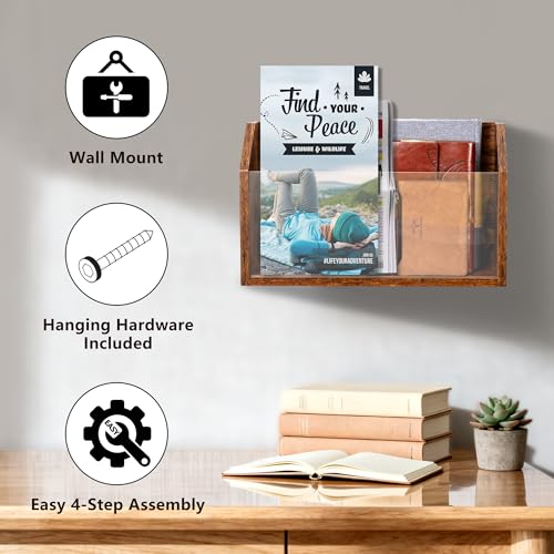 Wall Magazine Holder – Wooden Wall Mounted Magazine Rack, Clear Acrylic Panel – Magazine, Book, Home Office File Organizer – Vinyl Record Holder – Rustic Brown - Image 5