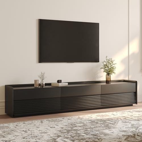POVISON Fully-Assembled Mid Century Modern TV Stand, 94.49" Wood Media Console with Adjustable LED Light, Entertainment Center with Storage for Living Room