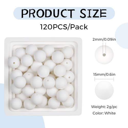 120PCS FIVEIZERO Silicone Beads, 15mm White Round Rubber Silicone Beads Bulk for Keychain Making, Bracelet Necklace DIY Crafts (White)2