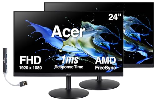 Image of Acer 24 inch FHD IPS Monitor with 1ms Response Time, AMD FreeSync, Anti-Glare, Built-in Speakers, 250 nits Brightness, VESA Mount (100mm), HDMI, VGA & Dockztorm USB Port Expander, Black Color 2 Pack