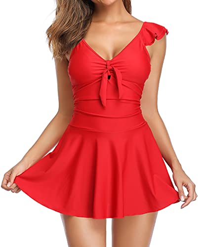 SHEKINI Women's One Piece Ruffle Swimsuit Tie Knot Front Ruched Vintage Swimdress