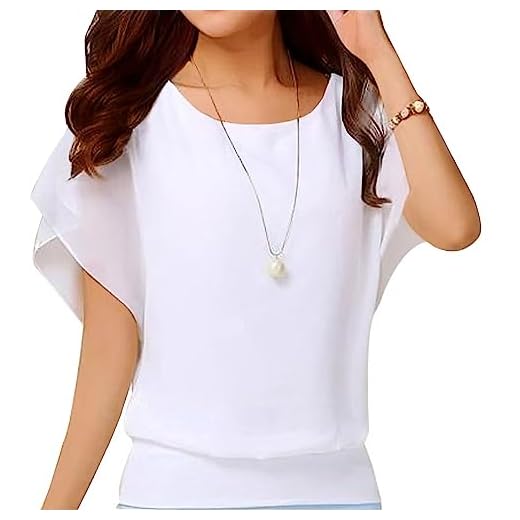 Neineiwu Women's Summer Casual Loose Short Sleeve Round Neck T-Shirt Chiffon Top Blouse (White,Large)