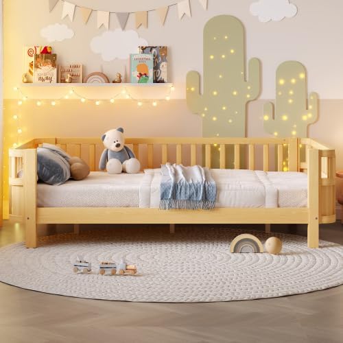 Harper & Bright Designs Twin Size Kids Bed with Detachable Fence and Guardrails, Wooden Twin Platform Bed Frame, Low Profile & Rounded Corners Design for Boys & Girls, Natural