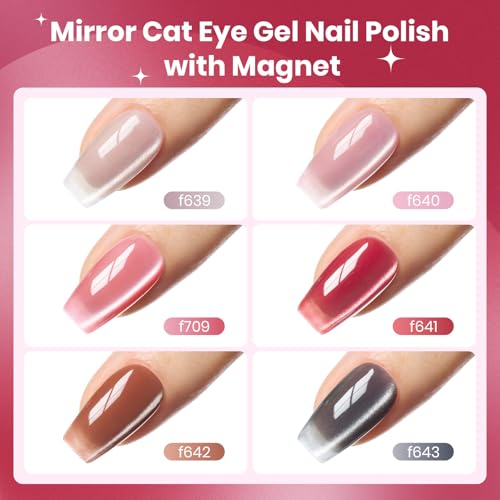 Image of Beetles Cat Eye Gel Nail Polish Set, 6 Colors Porcelain Glow Glitter Gel | Glass Gel Polish Kit Silver Red Brown Black Pink Magnetic Effect Soak Off UV Gift for Women