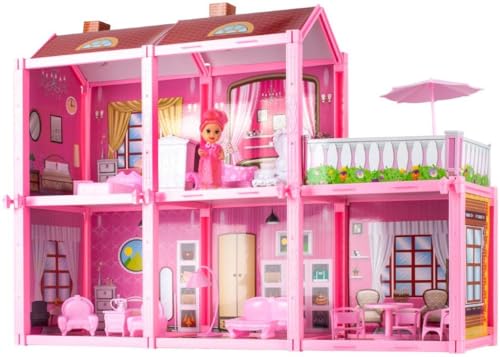 Casa Delle Bambole Rosa per Bambine 2 Piani Con Mobili