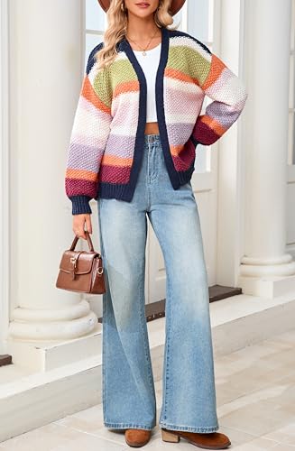 Open Front Chunky Cardigan Sweaters for Women Long Sleeve Color Block Striped Oversized Fall Sweater Coat3