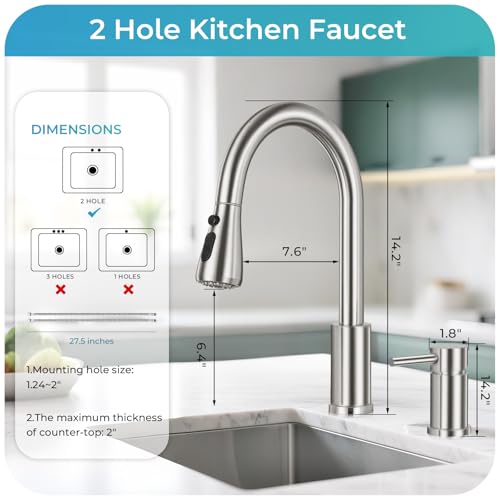 Image of Pull Down Kitchen Faucet 2 Hole - Brushed Nickel Single Handle Kitchen Faucets, High Arc Stainless Steel Pull Out Kitchen Sink Faucet for RV Laundry Farmhouse Bar