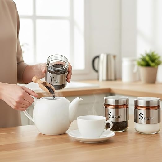 Image of 350ml Canister Set of 3 | Premium Glass Jars with Stainless Steel Lids | Airtight Kitchen Storage Containers for Tea, Coffee, Sugar | Transparent Spices Masala Organizer
