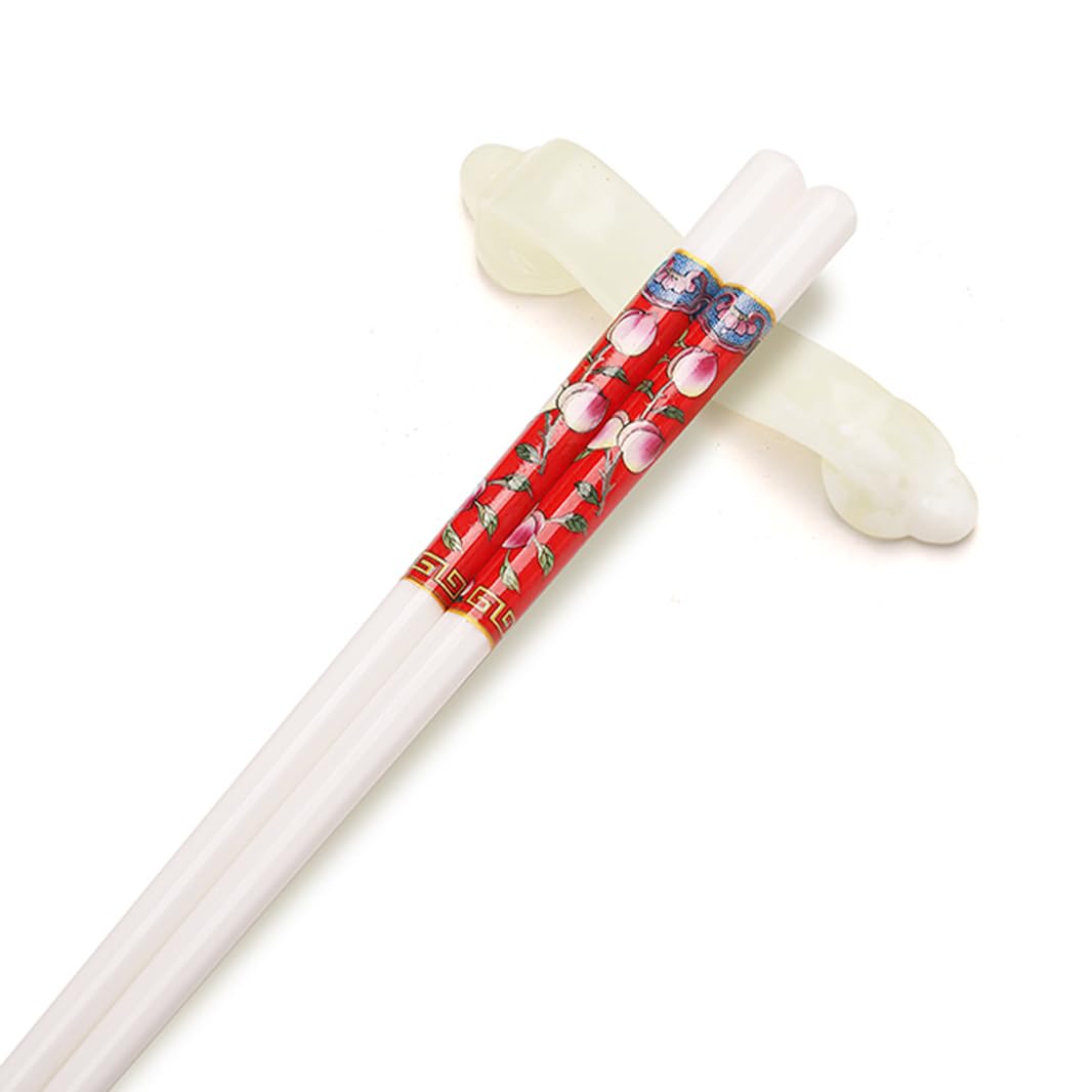 Jeu de baguettes, Coffret cadeau de 10 paires baguettes en porcelaine, motif pêche, réutilisables avec étui, lavables au lave-vaisselle, blanches(Red)