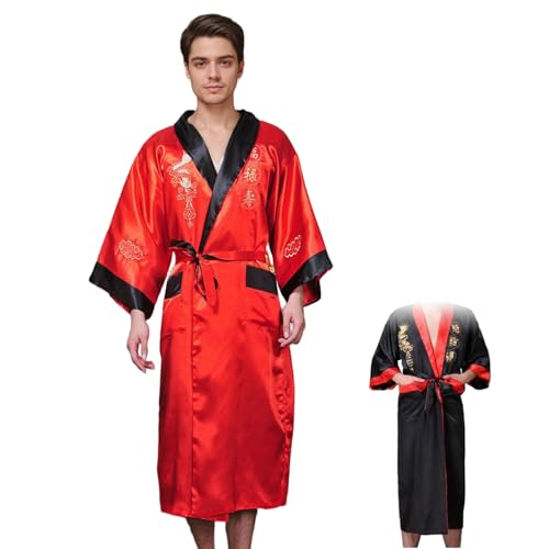 Bata kimono reversible para hombre en rojo y negro camisón japonés bordado ligero