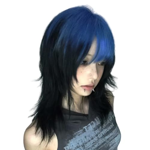 huafan luxkazya Blue Black Gradient Mullet Wig for Women Short