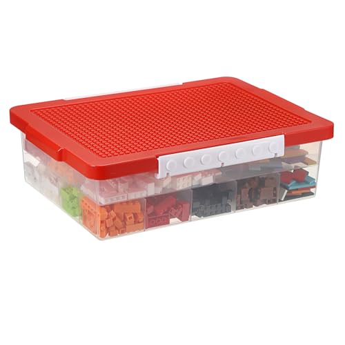 OGANAZI Plastic Building Block Bricks Storage Box Containers with Sorting Tray and Building Plate Lid, Lego Box Lego Organiser with Snap, Double Layers and 30 Compartments, Red, 32.5 * 23.5 * 11cm
