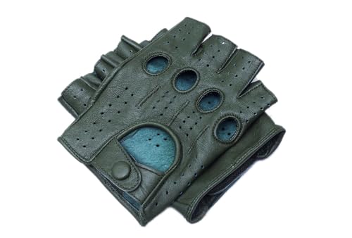 Mens Leather Half Finger Driving Gloves with Knuckle Holes Leather Fingerless Gloves for Driving Cycling & Biking (Dark Green X-Large)