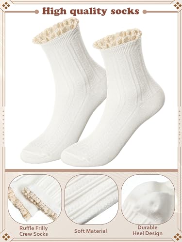 Image of Syhood 6 Pairs Women Ruffle Socks Frilly Lace Trim Cotton Cute Vintage Dress Crew Ankle Boot Socks