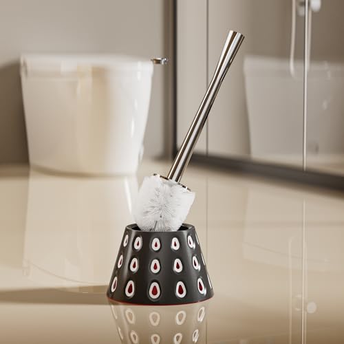 Image of Aesthetic Toilet Brush and Holder | Decorative Bathroom Accessory with Modern Tri-Color Pattern Design | Discreet Enclosed Caddy | Sturdy PP Bristles | Heavy-Duty Base | (Volcanic Gray /White /Red)