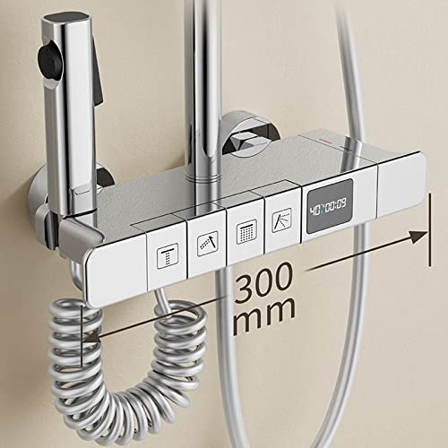 Exposed Shower System with Digital Temperature Display, Chrome Shower Faucet Set, Rainfall Shower Head with Handheld, Include Tub Spout and Handheld Bidet Toilet Sprayer, Shower Kit