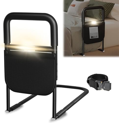 Sponda Letto Anziani Anticaduta Ausili per Alzarsi Dal Letto Regolabile in Altezza con Luce a Sensore, Supporto per Alzarsi, Sbarra di Sicurezza, Portata Fino a 180KG (60x32x53CM)