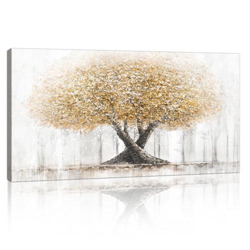 FajerminArt Grande Astratto Beige Giallo Alberi Quadri Moderni Soggiorno Con Cornice, Albero Della Vita Stampa su Tela Stampe da parete Quadro Decorazione Moderni Camera da Letto Cucina 100x50cm