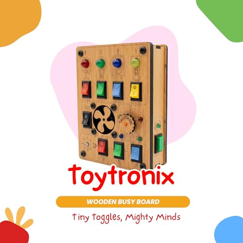 Image of Wooden Busy Board for Toddlers 1-4 Years | Rechargeable Sensory Toy with LED Lights, Fan, Vibration & Buzzer | Montessori Activity Learning Toy for Kids