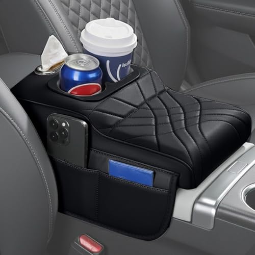 Coficoi Upgraded Car Center Console Cover PU Leather Car Armrest Cover Cushion Contains High Elasticity Sponge with 2 Storage Bags Tissue Box (Black-A)