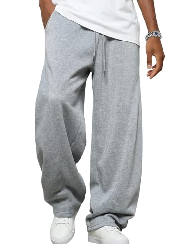 GLOKEE Men's Baggy Sweatpants Fleece Wide Leg Sweat Pants with Pockets Elastic Waist Drawstring Lounge Joggers A Grey M