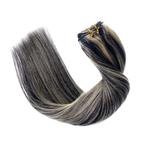 Image of Sew in Hair Extensions Real Human Hair Bundles 24 Inch Hand Tied Weft Hair Extensions Human Hair Weave Bundles 120G Natural Black Balayage Blonde Highlights Hair Extension Real Human Hair Extensions