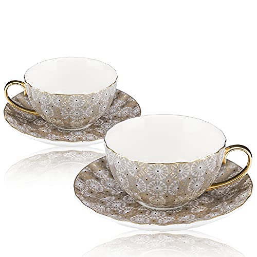 Taimei Teatime Porcelain Tea Cups and Saucers 6 oz, Set of 2, Moroccan Style Coffee Cup with Saucer with Gold Trim and Gift Box, Coffee Mug for Latte, Cappuccino and Tea, Gift for Mother's Day (Gold)