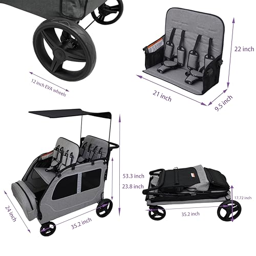Car-Shaped 4 Seater Stroller Wagon for 2 3 Kids Foldable All-Terrain Quad Wagon with Removable Canopy, 5-Point Harness Elevated Seats, XL Storage Bag Shopping Outdoor (Light Grey)