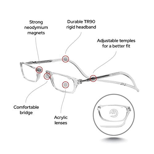 Clic Magnetic Reading Glasses, Computer Readers, Replaceable Lens, Adjustable Temples, Original, (S-M, Clear, 2.00 Magnification) #TOP2