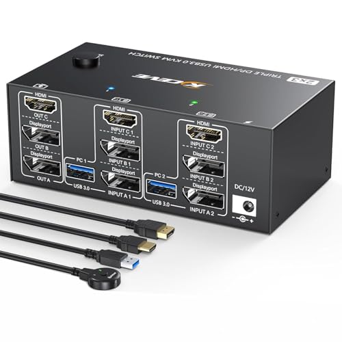 Image of KVM Switch 3 Monitors 2 Computers HDMI + DisplayPort, 8K@30Hz /4k@144Hz KVM Switcher for 2 Computer Share 3 Display and 4 USB 3.0 Devices