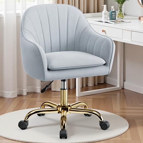 Image of Vanity Chair with Wheels, Comfy Home Office Desk Chairs Adjustable Modern Velvet Makeup Vanity Chairs for Bedroom Living Room-Gray