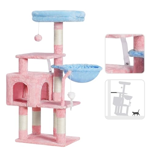 Image of Heybly Cat Tree with Toy, 43.3 inch Cat Tower condo for Indoor Cats, Cat House with Padded Plush Perch, Cozy Hammock and Sisal Scratching Posts, Blue and Pink HCT004SBP