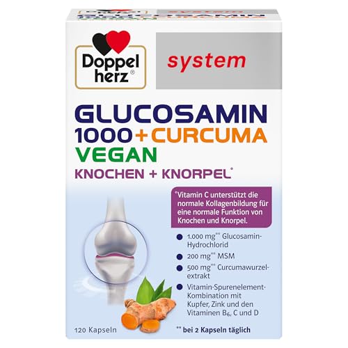 Doppelherz system GLUCOSAMIN 1000 + CURCUMA VEGAN – Vitamin C trägt zur normalen Kollagenbildung für die normale Knorpel- und Knochenfunktion bei – 120 Kapseln