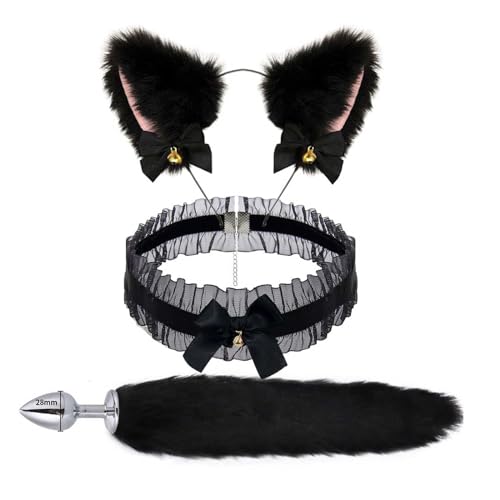 Alip 3点セット アナルプラグ 尻尾 狐 コスプレ 猫耳 カチューシャ チョーカー レディース 美しいリボンと澄んだ鈴の音がするsmグッズ 首輪 人間 sm 拘束具 アダルトグッズブラックセット - 画像1