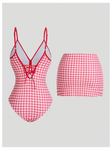 Verdusa Women's 2 Piece Gingham Lace Up Backless One Piece Swimsuit with Beach Cover Up Skirt Set2