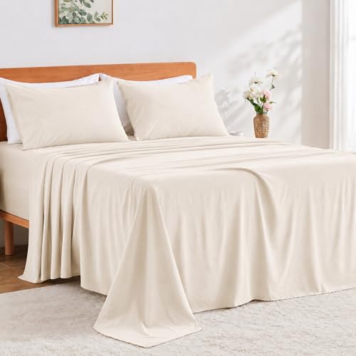 GOKOTTA 4 Piece Queen Sheet Set - Soft, Breathable & Cozy - Light Beige
