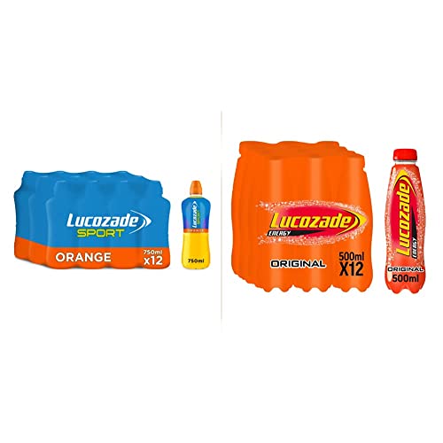 Lucozade Sport Isotonic Drink Orange Flavour with Sugars and Sweetener - 750ml |Pack of 12 & Energy Original 12 x 500ml bottles