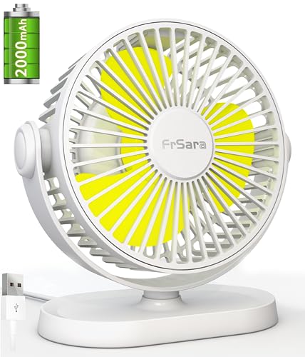 FrSara Desk Fan Baterry Operated, Mini Desk Fan，2000mAh Capacity Battery, 3-Speed Adjustable, 360-Degree Rotation Adjustment, Stylish, with Hooks at the Bottom, Convenient for Indoor and Outdoor Use