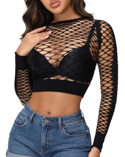Leypafy Fishnet Top Lingerie Sexy pour Femme Sexy Cut Out Haut Court Clubwear Bikini Plage XS-XL(WG-Black)