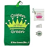 Giggle Golf Par 3 - Queen of The Green Towel, Tee Bag and A Bling Ball Marker with Hat Clip - Perfect Golf Gift for Women