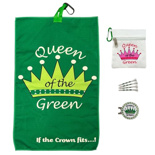 Giggle Golf Par 3 Pack for Women, Microfiber Waffle Weave Golf Towel, Tee Bag with 4 Tees and Bling Ball Marker with Magnetic Hat Clip (Queen of The Green)