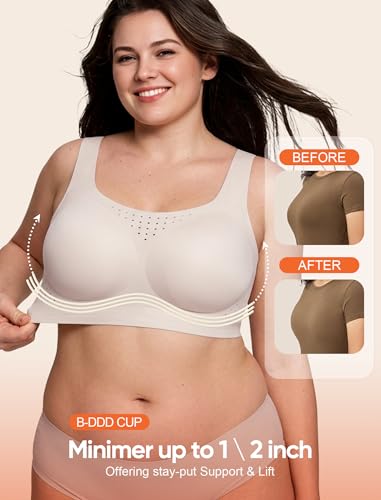 Easybunny Womens Plus Size Supportive Bras Full Coverage Wireless Minimizer Wider Strap Back Smoothing Comfort Shaper Bra Beige 3XL — view 2
