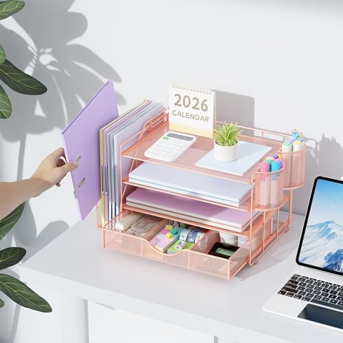 gianotter Paper Letter Tray Organizer with File Holder, 4-Tier Desk Accessories & Workspace Organizers with Drawer and 2 Pen Holder, Desk Organizers and Accessories for Office Supplies (Rose Gold) 5